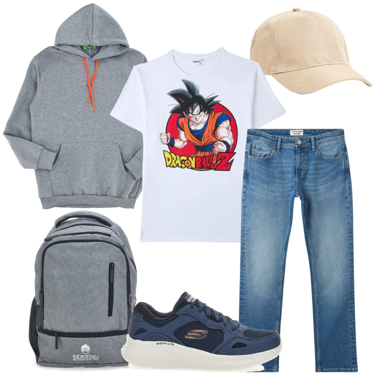 Outfit uomo - La t-shirt manga. Stile Trendy per Tutti i giorni. Abbinamento con jeans, t-shirt, cappelli, felpe con cappuccio, borse sportive, sneakers.