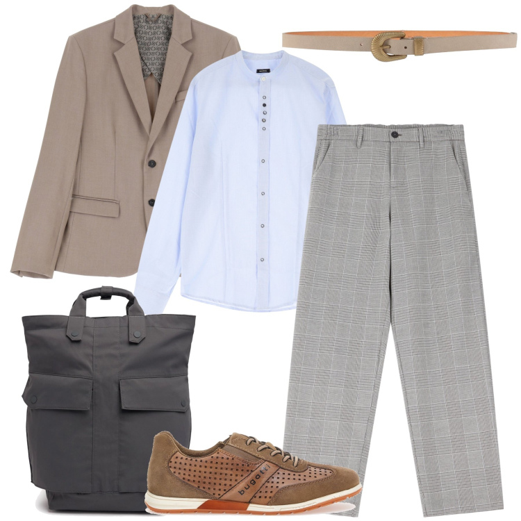 Outfit uomo - Trasferta di lavoro. Stile Business/Elegante per Ufficio. Abbinamento con cinture, camicie, pantaloni, giacche, scarpe stringate, borse sportive.