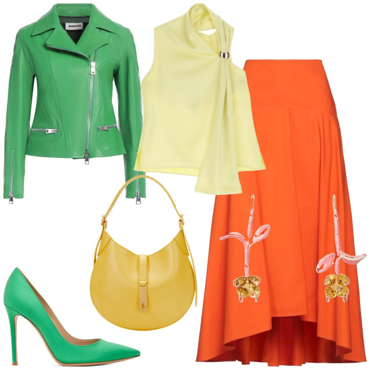 Outfit donna - Le primule. Stile Glamour per Serata fuori. Abbinamento con blazer, orecchini, gonne longuette, top, borse a spalla, décolleté.