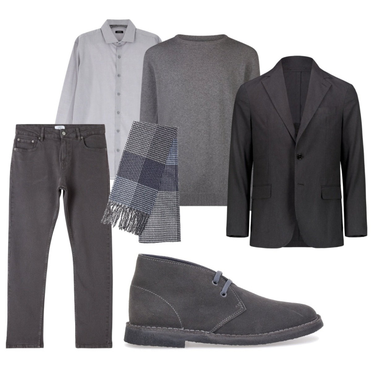 Outfit uomo - Toni di grigio. Stile Business/Elegante per Ufficio. Abbinamento con pantaloni, camicie, giacche, sciarpe, maglieria, scarpe stringate.