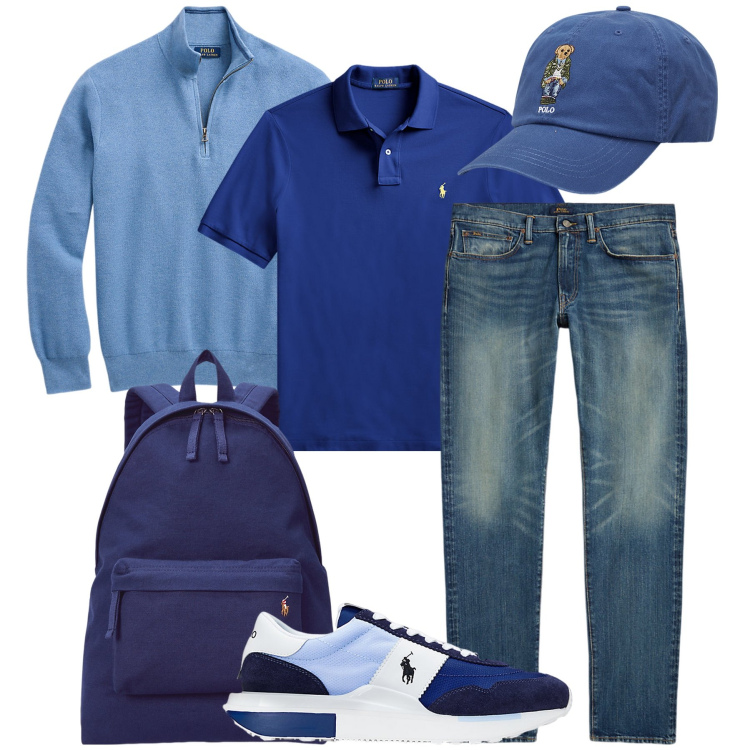 Outfit uomo - Blu casual. Stile Casual per Tutti i giorni. Abbinamento con polo, borse sportive, cappelli, maglieria, jeans, sneakers.