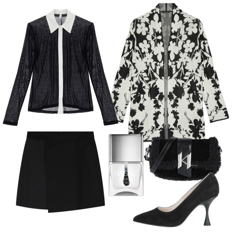 Outfit donna - Total look #2060221. Stile Chic per Cerimonia. Abbinamento con borse a spalla, décolleté, smalti, minigonne, camicie, cardigans.