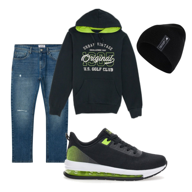 Outfit uomo - Total look #2060222. Stile Casual per Tutti i giorni. Abbinamento con jeans strappati, felpe con cappuccio, berretti, sneakers.