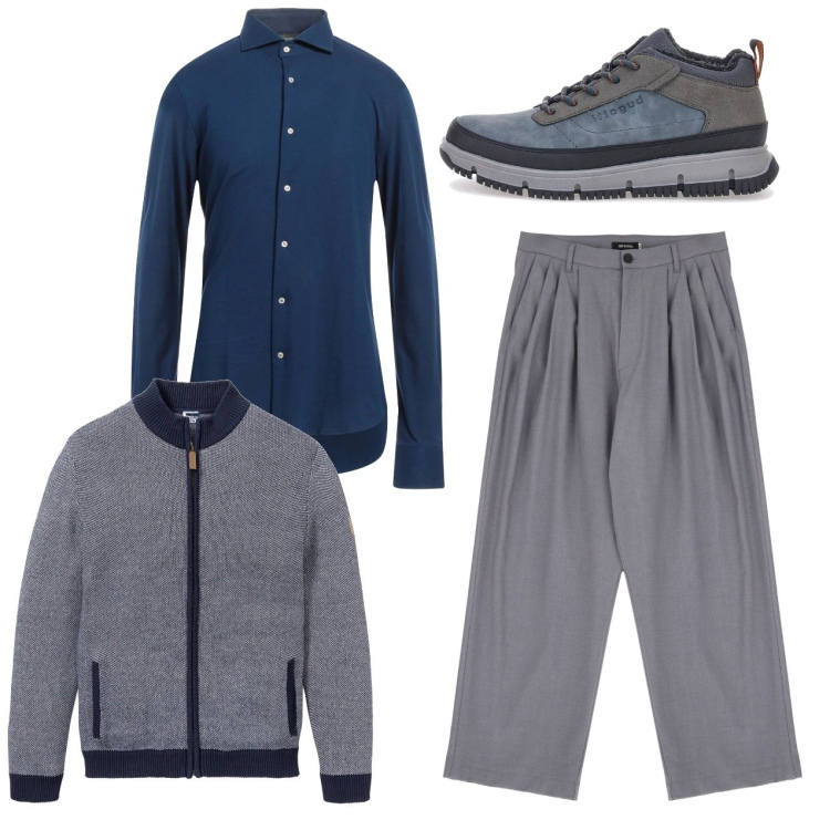 Outfit uomo - Total look. Stile Trendy per Tutti i giorni. Abbinamento con cardigans, camicie, pantaloni, stivali e stivaletti.