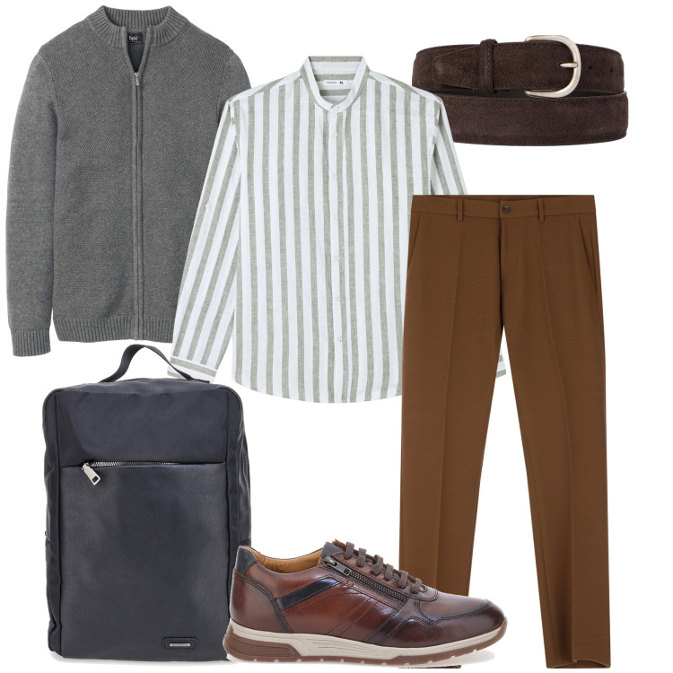 Outfit uomo - La camicia a righe. Stile Business/Elegante per Ufficio. Abbinamento con cardigans, camicie, pantaloni, scarpe stringate, borse sportive, cinture.