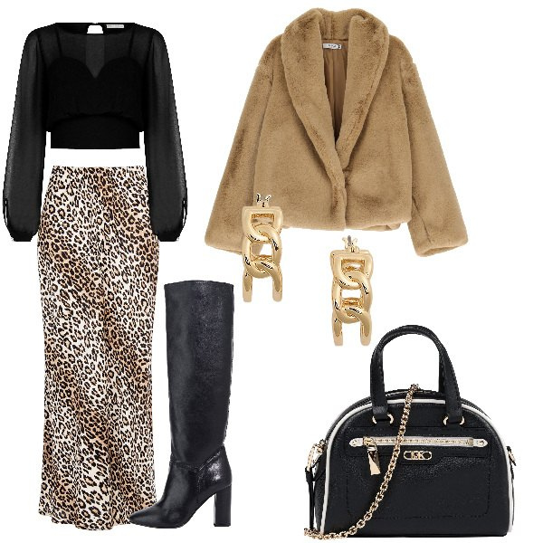 Outfit donna - animalier. Stile Trendy per Serata fuori. Abbinamento con borse a mano, ecopellicce, bluse, gonne lunghe, stivali, orecchini.