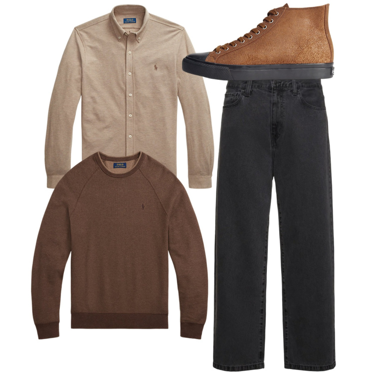 Outfit uomo - Liquirizia. Stile Casual per Tutti i giorni. Abbinamento con sneakers, camicie, maglieria, pantaloni.