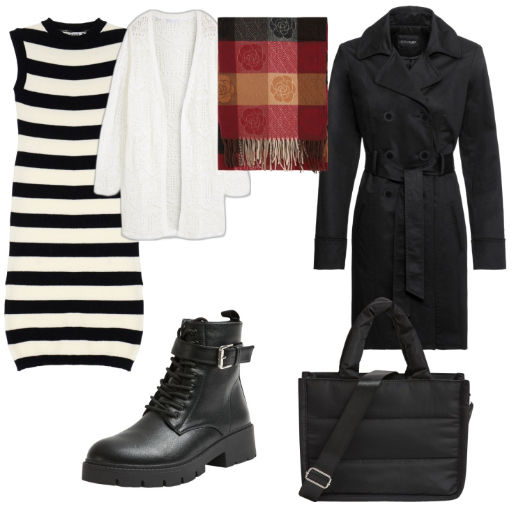 Outfit donna - Fa ancora freddo. per Tutti i giorni. Abbinamento con trench, cardigans, shopping bag, anfibi, vestiti, foulard.
