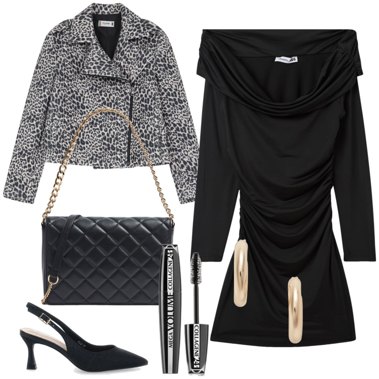 Outfit donna - Invitata a pranzo. Stile Chic per Tutti i giorni. Abbinamento con mascara, vestiti corti, borse a tracolla, blazer, orecchini, décolleté.