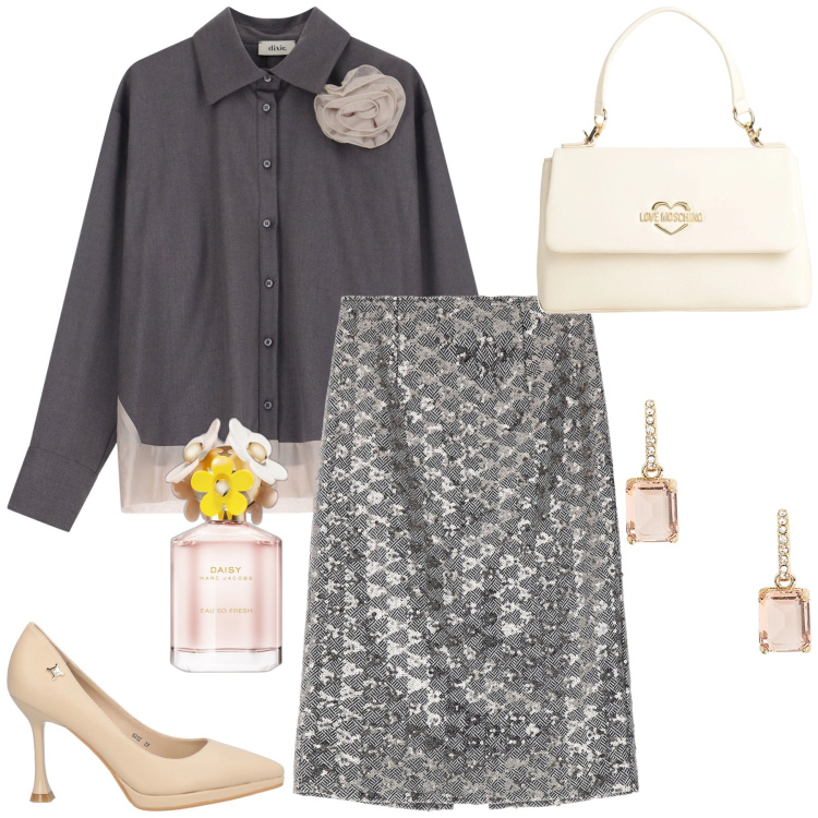 Outfit donna - Total look da cerimonia. Stile Chic per Cerimonia. Abbinamento con décolleté, borse a mano, profumi, gonne, camicie, orecchini.