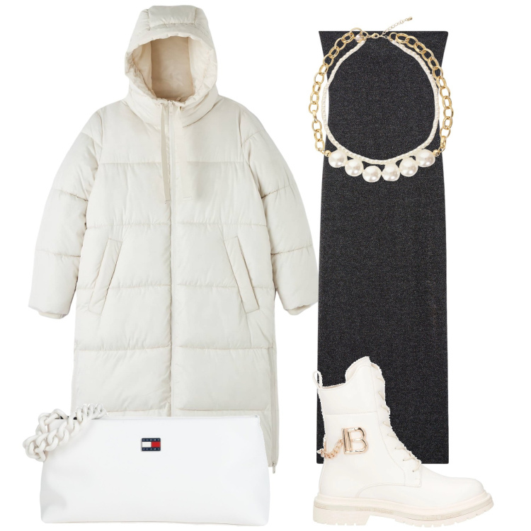 Outfit donna - Abito scollato ma al caldo e affaroni. Stile Glamour per Serata fuori. Abbinamento con anfibi, borse a mano, vestiti lunghi, piumini, collane.