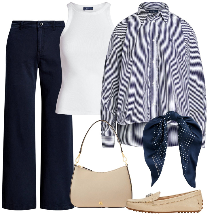 Outfit donna - La camicia oversize. Stile Casual chic per Ufficio. Abbinamento con foulard, camicie, canottiere, pantaloni, borse a spalla, mocassini.