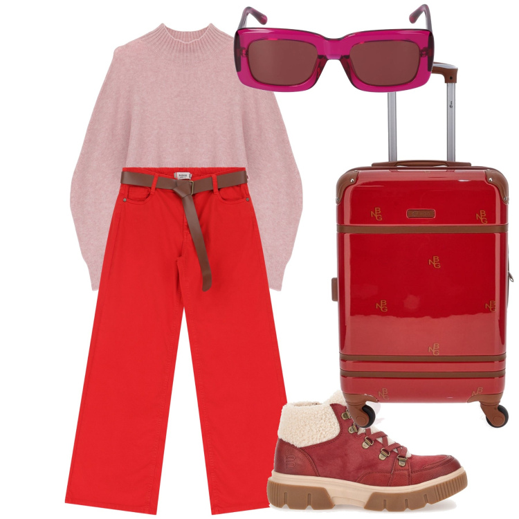 Outfit donna - Partenza glamour. Stile Trendy per Tutti i giorni. Abbinamento con pantaloni, maglieria, stivaletti, occhiali da sole, valigie.