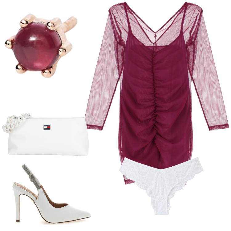 Outfit donna - Il vestitino un po’ sexy. Stile Trendy per Serata fuori. Abbinamento con borse a mano, culotte, orecchini, vestiti corti, décolleté.