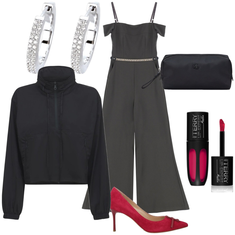 Outfit donna - Tuta per San Valentino. Stile Glamour per Serata fuori. Abbinamento con décolleté, rossetti, orecchini, tute, pochette, blazer.