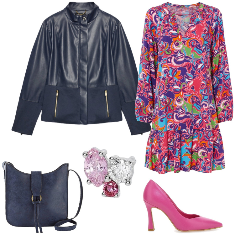 Outfit donna - Blu navy. Stile Casual chic per Serata fuori. Abbinamento con vestiti, borse a tracolla, orecchini, décolleté, blazer.