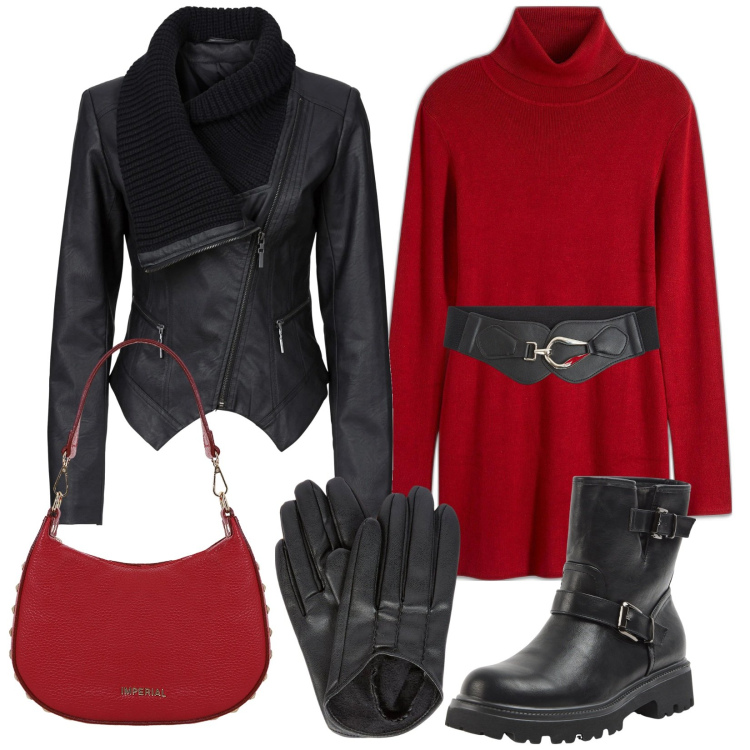 Outfit donna - Minidress rosso fuoco. Stile Rock per Serata fuori. Abbinamento con blazer, vestiti corti, cinture, stivaletti, borse a spalla, guanti.