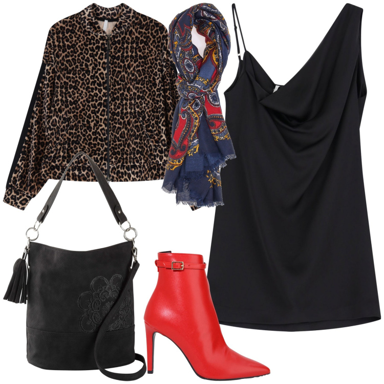 Outfit donna - Lo stivaletto unisce gli stili. Stile Trendy per Serata fuori. Abbinamento con borse a mano, bomber, stivaletti, vestiti asimmetrici, foulard.