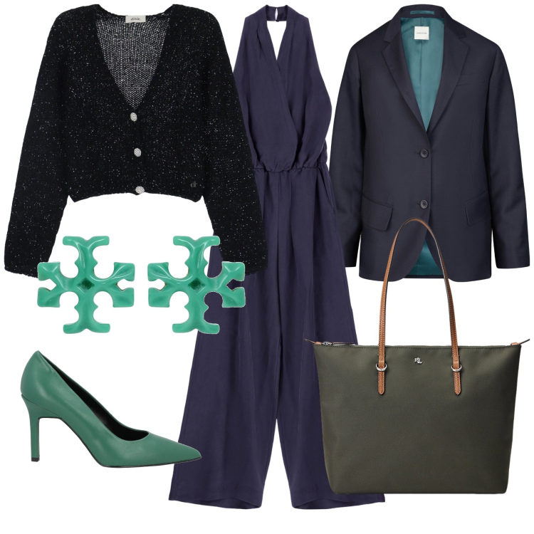 Outfit donna - Nero e verde per l ufficio. Stile Urban per Ufficio. Abbinamento con décolleté, orecchini, tute, cardigans, borse tote, blazer.