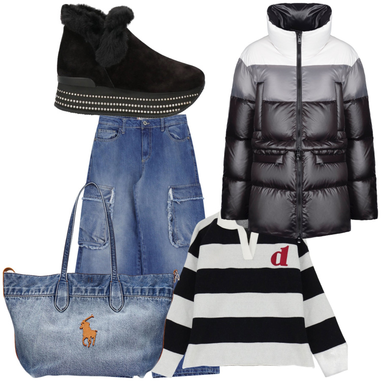 Outfit donna - Freddo al mare. Stile Casual chic per Mare. Abbinamento con stivaletti, jeans, piumini, polo, borse tote.