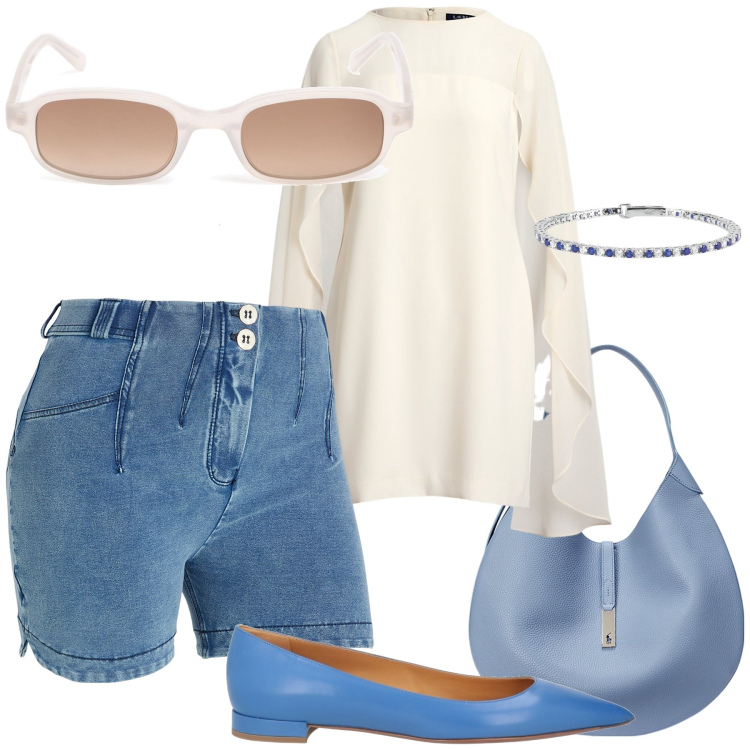 Outfit donna - Total look. Stile Minimal per Tutti i giorni. Abbinamento con ballerine, braccialetti, shorts, vestiti a tubino, borse a spalla, occhiali da sole.