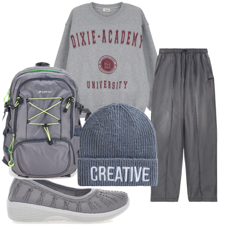 Outfit donna - Total look. Stile Preppy per Tutti i giorni. Abbinamento con berretti, jeans, felpe, ballerine, zaini.