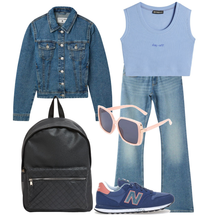 Outfit donna - Tempo libero. Stile Casual chic per Tutti i giorni. Abbinamento con jeans a zampa, blazer, zaini, top, sneakers, occhiali da sole.