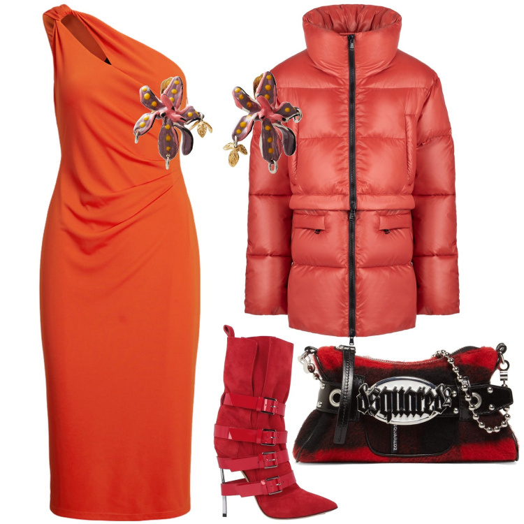 Outfit donna - San Valentino in arancione. Stile Glamour per Serata fuori. Abbinamento con orecchini, stivaletti, vestiti asimmetrici, piumini, pochette.
