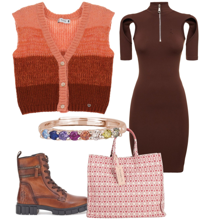 Outfit donna - Caratteristico gilet. Stile Trendy per Tutti i giorni. Abbinamento con borse a mano, anelli, maglieria, anfibi, vestiti.