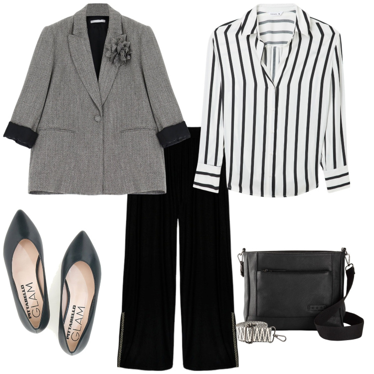 Outfit donna - Total look #2060286. Stile Casual per Ufficio. Abbinamento con borse a tracolla, camicie, blazer, ballerine, pantaloni a palazzo.