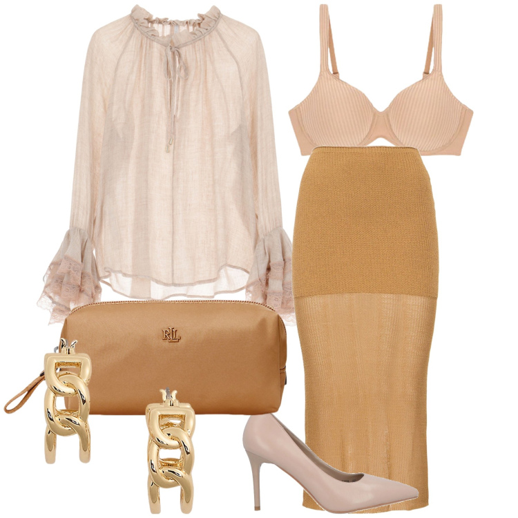 Outfit donna - Stasera sono wow. Stile Glamour per Serata fuori. Abbinamento con décolleté, bluse, orecchini, pochette, reggiseni, gonne longuette.