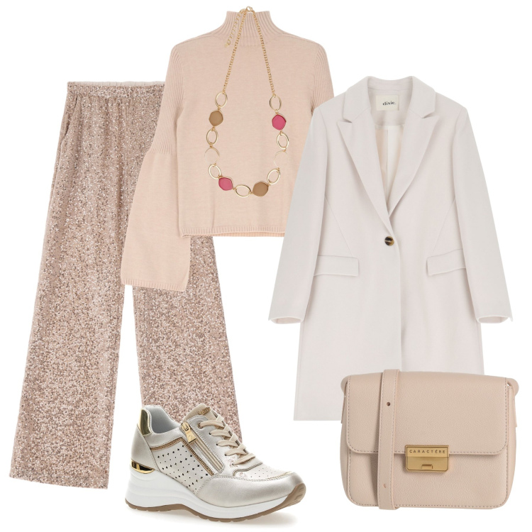 Outfit donna - Sabato sera con gli amici. Stile Trendy per Serata fuori. Abbinamento con borse a tracolla, pantaloni a palazzo, maglieria, cappotti, scarpe stringate, collane.