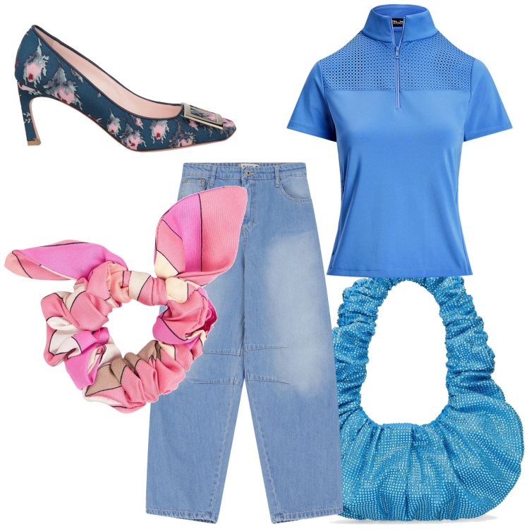 Outfit donna - Uscita con amica. Stile Glamour per Serata fuori. Abbinamento con décolleté, jeans, camicie a manica corta, borse a spalla, accessori per capelli.