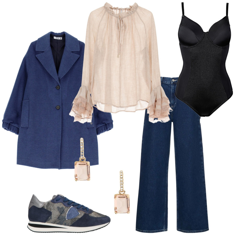 Outfit donna - Total look #2060291. Stile Casual chic per Serata fuori. Abbinamento con body, sneakers, cappotti, bluse, orecchini, pantaloni.