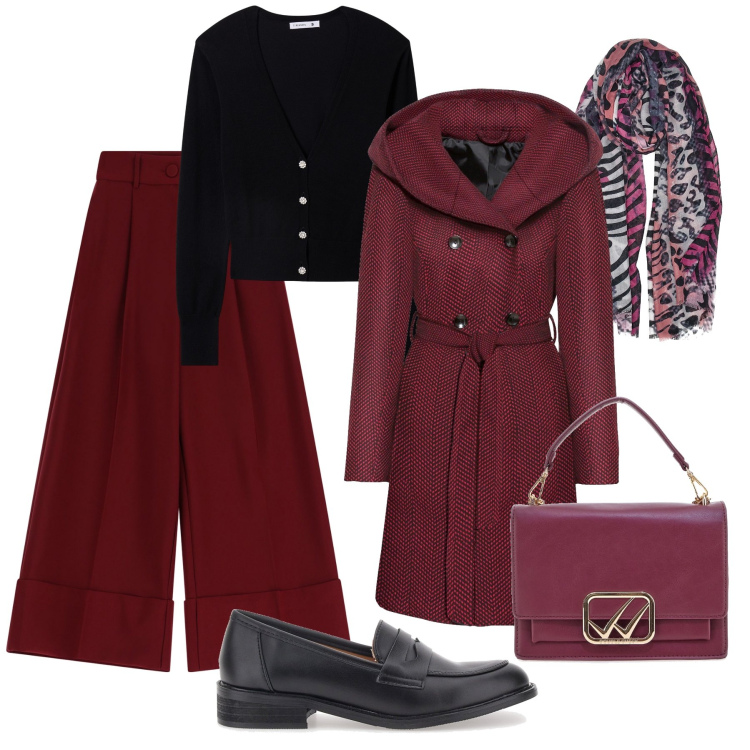 Outfit donna - Sfumature dí bordeaux. Stile Glamour per Ufficio. Abbinamento con cappotti, cardigans, pantaloni, mocassini, borse a tracolla, foulard.