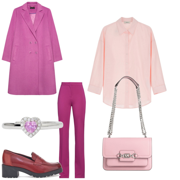 Outfit donna - Rosa. Stile Casual chic per Ufficio. Abbinamento con borse a spalla, pantaloni, anelli, camicie, mocassini, cappotti.