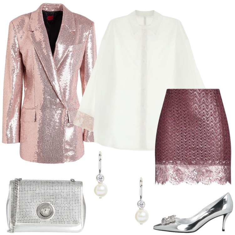 Outfit donna - Total look #2060297. Stile Glamour per Serata fuori. Abbinamento con minigonne, blazer, borse a tracolla, décolleté, camicie, orecchini.