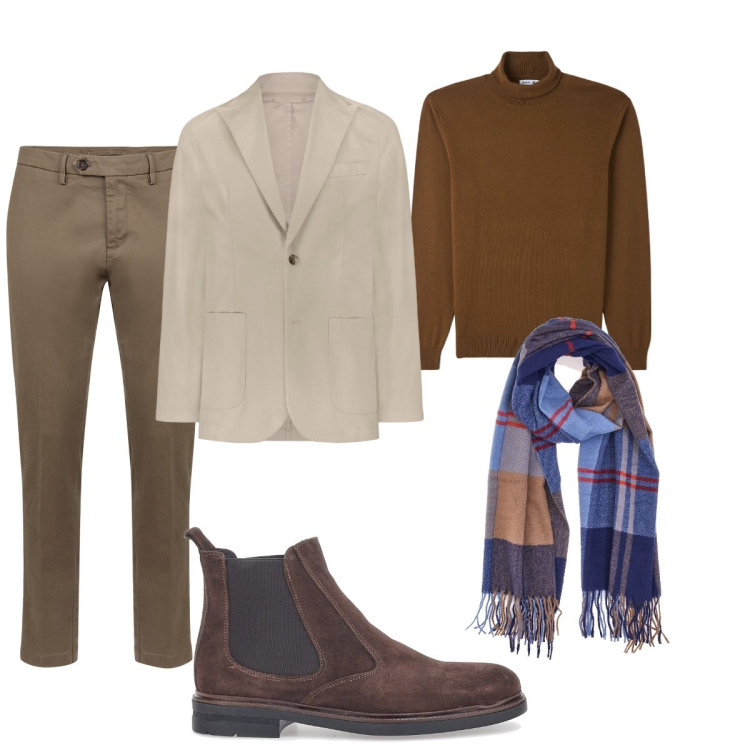 Outfit uomo - Total look #2060299. Stile Business/Elegante per Ufficio. Abbinamento con maglieria, pantaloni chino, stivali e stivaletti, sciarpe, giacche.