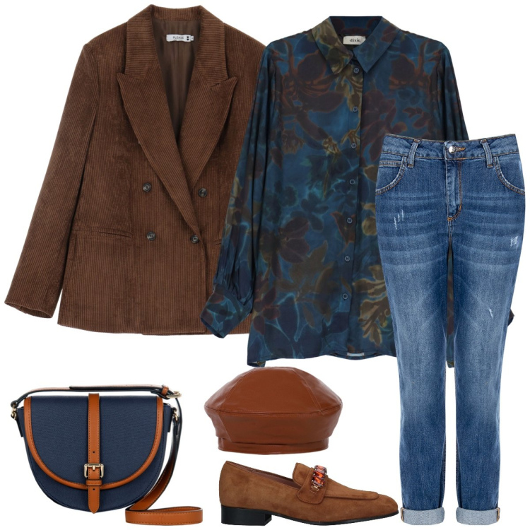 Outfit donna - Total look #2060301. Stile Casual per Scuola/Università. Abbinamento con mocassini, camicie, cappelli e berretti, borse a tracolla, jeans skinny, blazer.