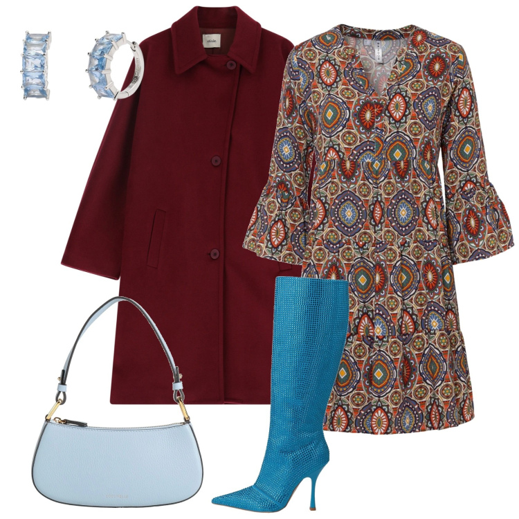 Outfit donna - Fantasia caledoscopica. per Serata fuori. Abbinamento con vestiti corti, borse a mano, stivali, orecchini, cappotti.