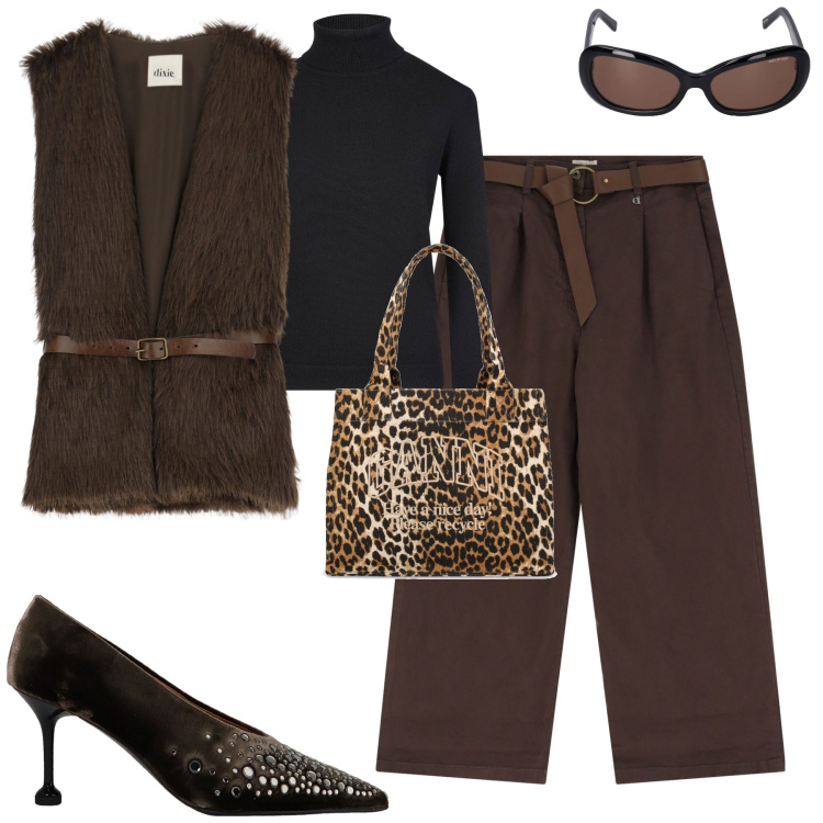 Outfit donna - Urban glam. Stile Urban per Tutti i giorni. Abbinamento con pantaloni chino, gilet, décolleté, maglieria, occhiali da sole, shopping bag.