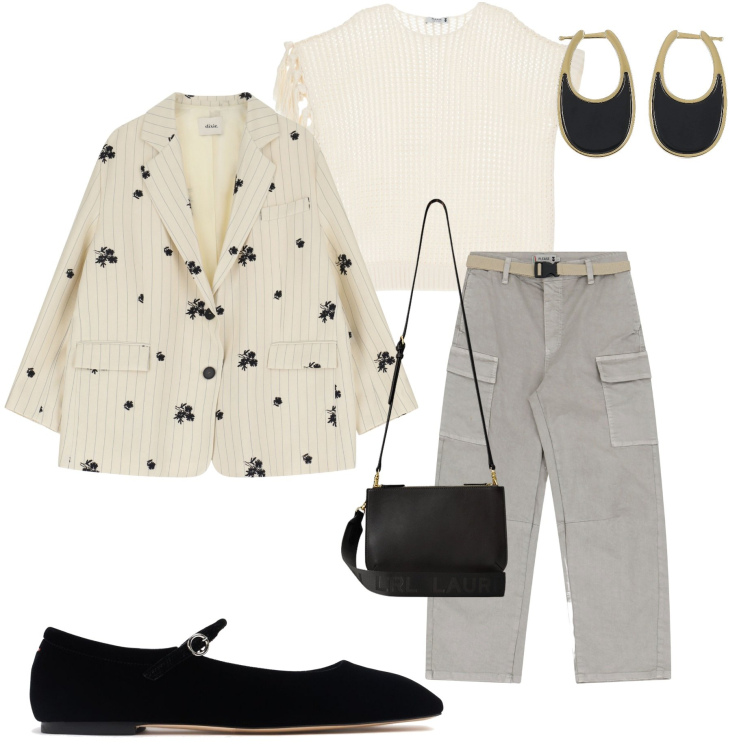 Outfit donna - Aspettando la primavera. Stile Casual chic per Serata fuori. Abbinamento con pantaloni chino, maglieria, blazer, borse a tracolla, orecchini, ballerine.