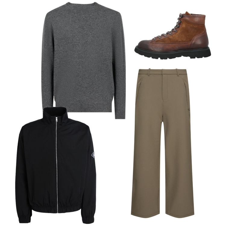 Outfit uomo - City. Stile Casual per Tutti i giorni. Abbinamento con giacche, stivali e stivaletti, maglieria, pantaloni.