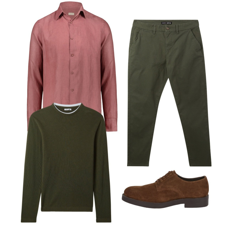 Outfit uomo - Rosa antico e oliva. Stile Casual per Tutti i giorni. Abbinamento con pantaloni chino, maglieria, camicie, scarpe stringate.