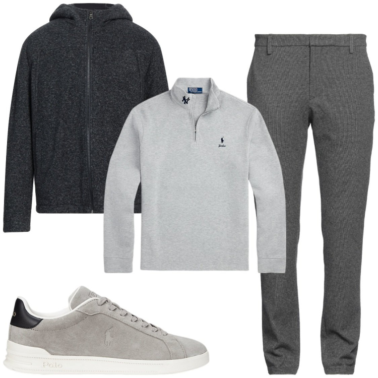 Outfit uomo - Comodità per ufficio. Stile Trendy per Ufficio. Abbinamento con pantaloni, giacche, pullovers, sneakers.