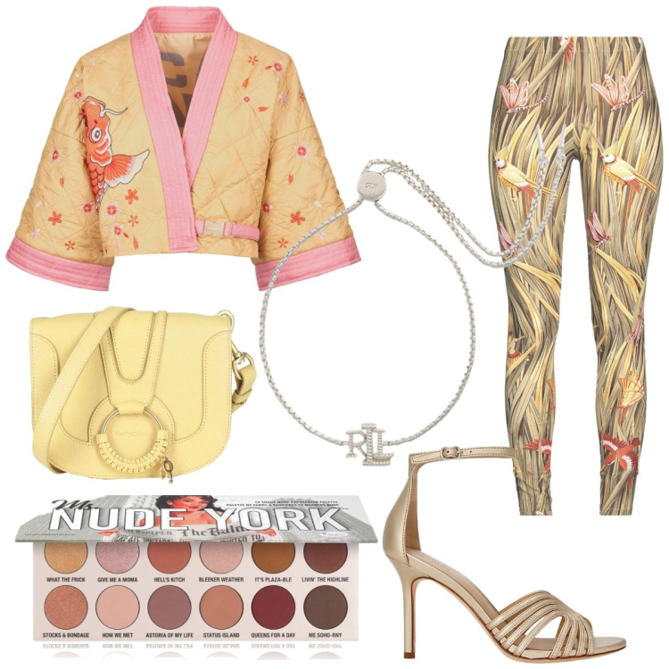 Outfit donna - Jungle oversize. Stile Glamour per Mare. Abbinamento con borse a tracolla, leggings, ombretti, braccialetti, sandali in pelle, kimono.