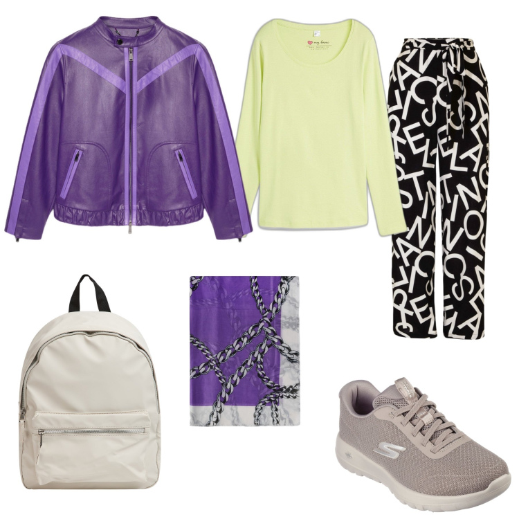 Outfit donna - Pantaloni a lettera. Stile Casual per Tutti i giorni. Abbinamento con maglieria, pantaloni, zaini, sneakers, blazer, sciarpe.