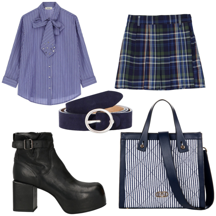 Outfit donna - Total look #2060382. Stile Preppy per Scuola/Università. look ideale per Petite. Abbinamento con stivaletti, shopping bag, minigonne, camicie, cinture.