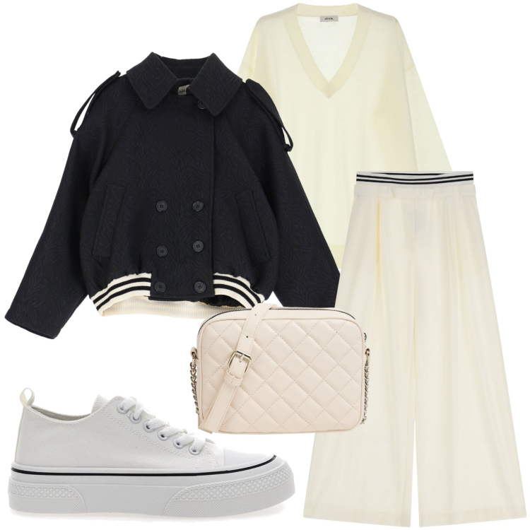Outfit donna - A lezione. Stile Casual per Scuola/Università. Abbinamento con borse a tracolla, pantaloni a palazzo, blazer, maglieria, sneakers.