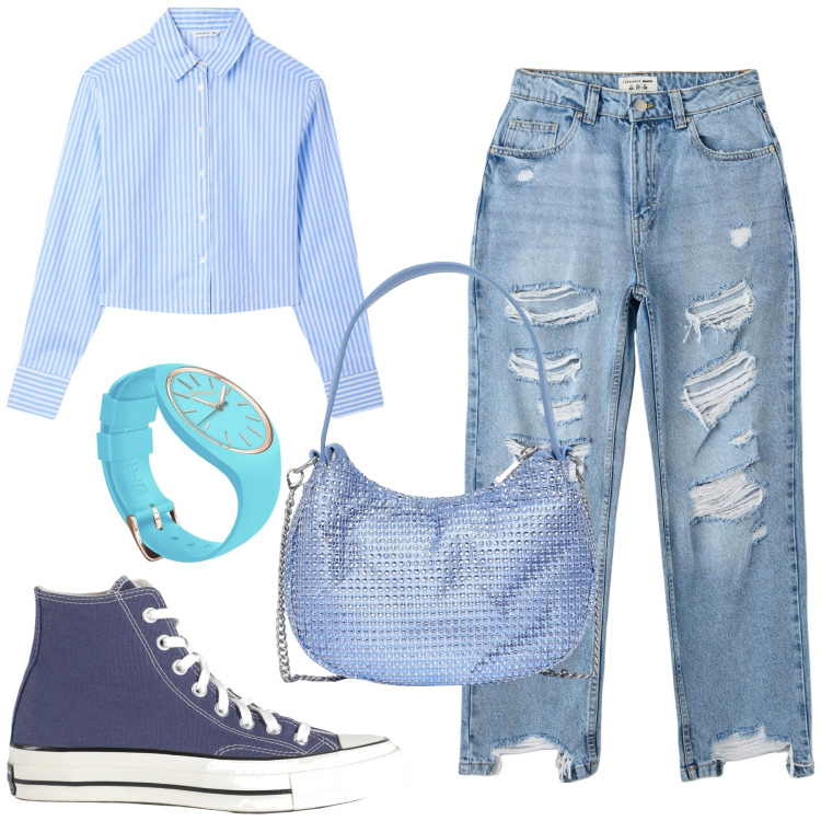 Outfit donna - Total look #2060384. Stile Urban per Tutti i giorni. Abbinamento con sneakers alte, camicie, jeans dritti, borse a spalla, orologi.